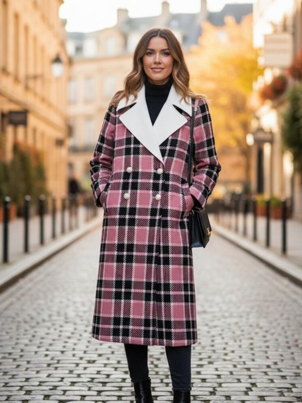 NWT J.ING Jing Blair Waldorf Pink Plaid Double Breasted White Collar Winter Coat